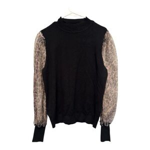 Sioni Black Blouse with Sheer Leopard Print Patterned Sleeves Large